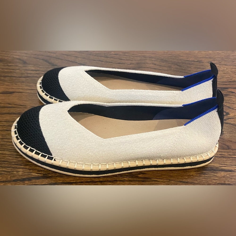 Woman's Rothys Black/Cream Slip-on Espadrilles Size 8 EUC
